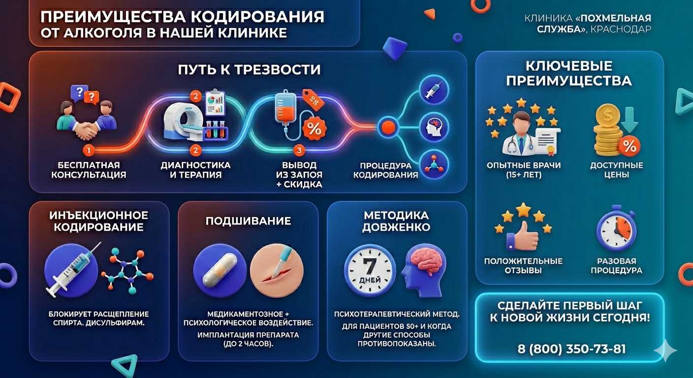 Инфографика о методах кодирования от алкоголя в Еманжелинске: инъекции, подшивание, метод Довженко. Преимущества клиники и этапы лечения.