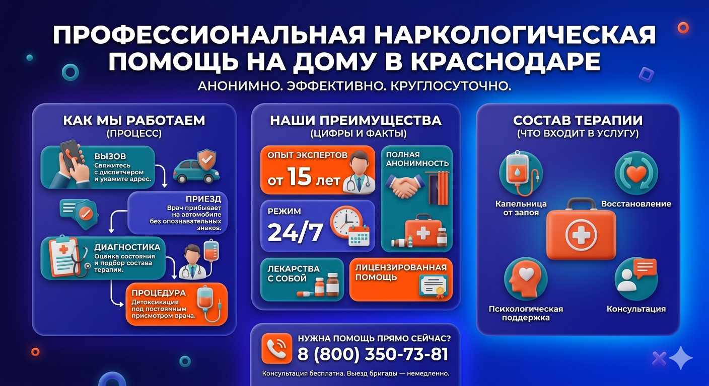Инфографика о принципах лечения алкоголизма на дому в Еманжелинске: этапы вызова нарколога, преимущества анонимной детоксикации и состав медицинской помощи.